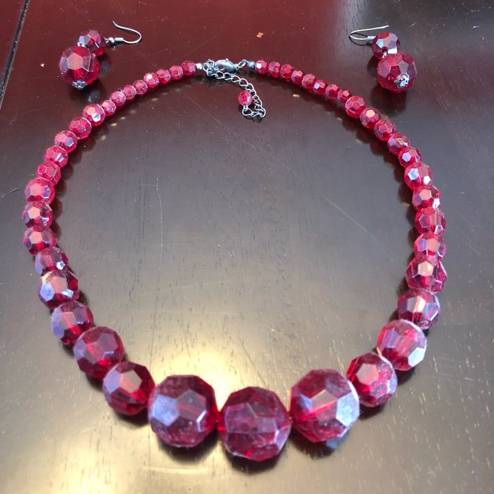 Red clear beaded necklace and earrings